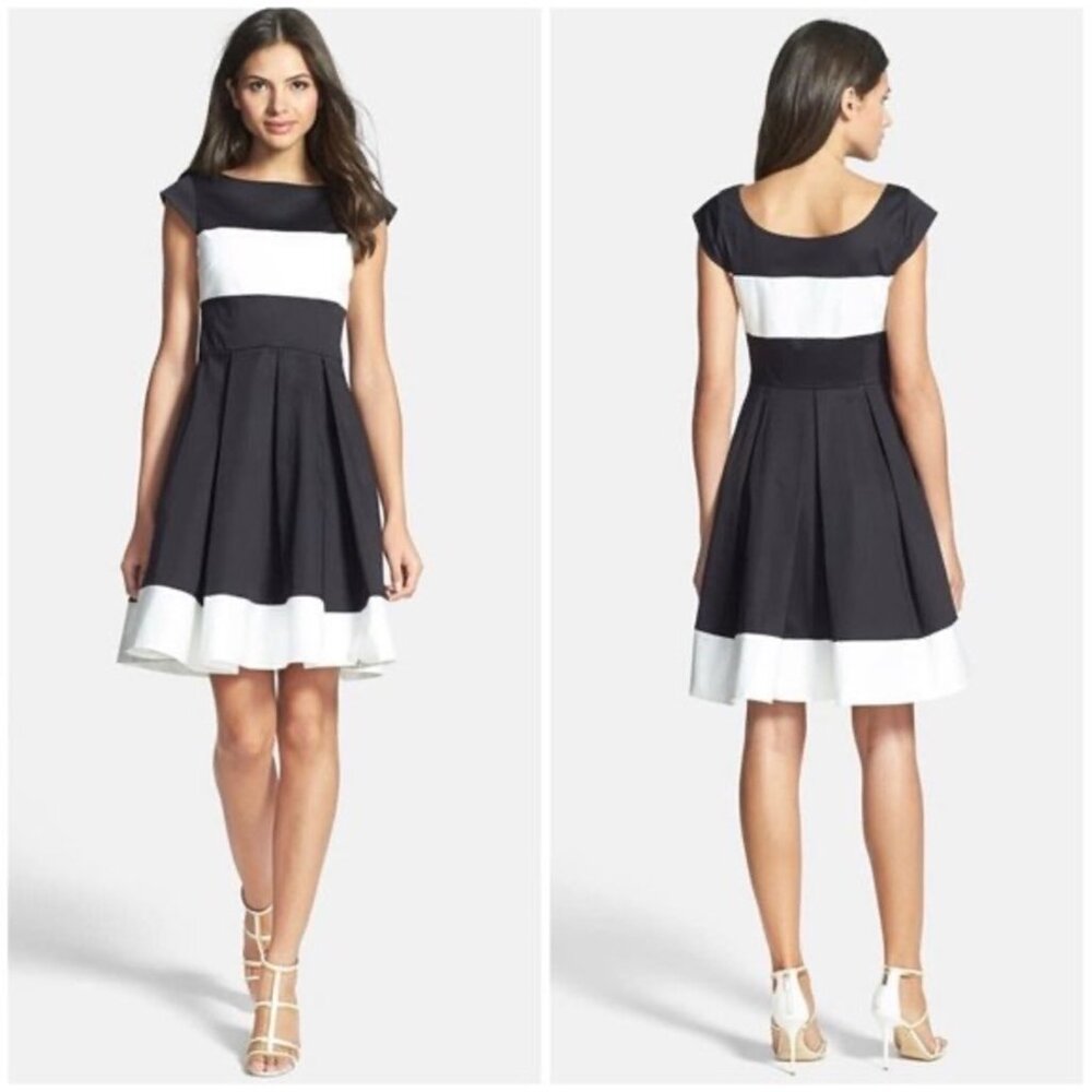 Kate Spade ♠️ Adette Cap Sleeve Pleated Fit & Flare Dress, Black/White, Size 14
